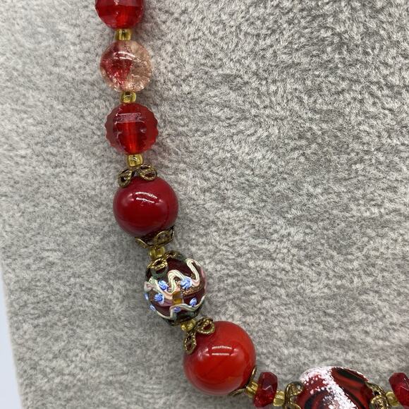 Vintage Venetian Red Glass Wedding Cake Graduated Bead Necklace Adjustable - Picture 13 of 15